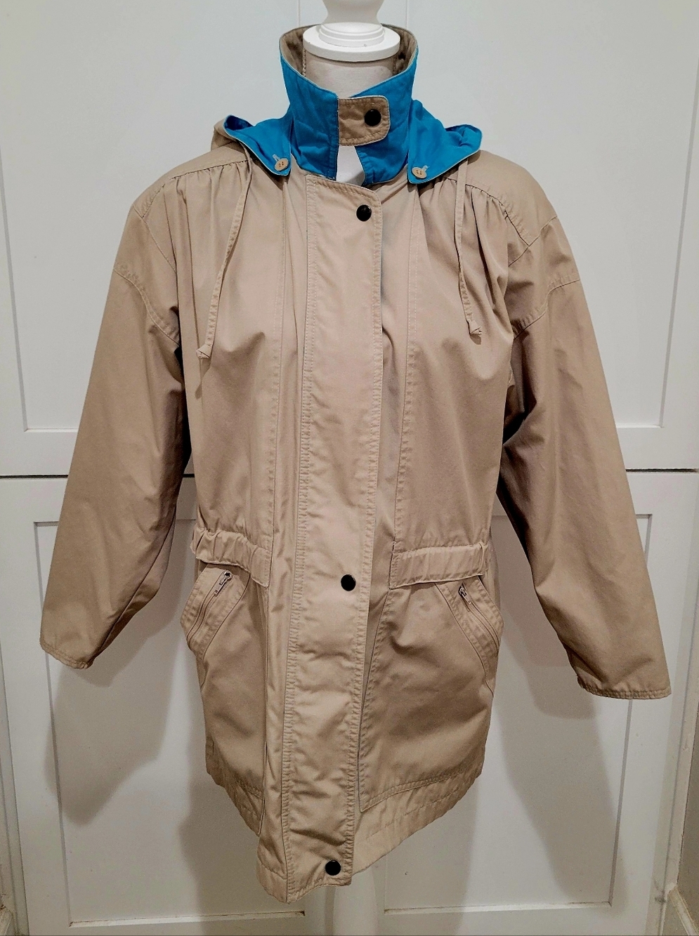London Fog Khaki Raincoat Women's Large | Removable Blue Hood Trench Coat | L